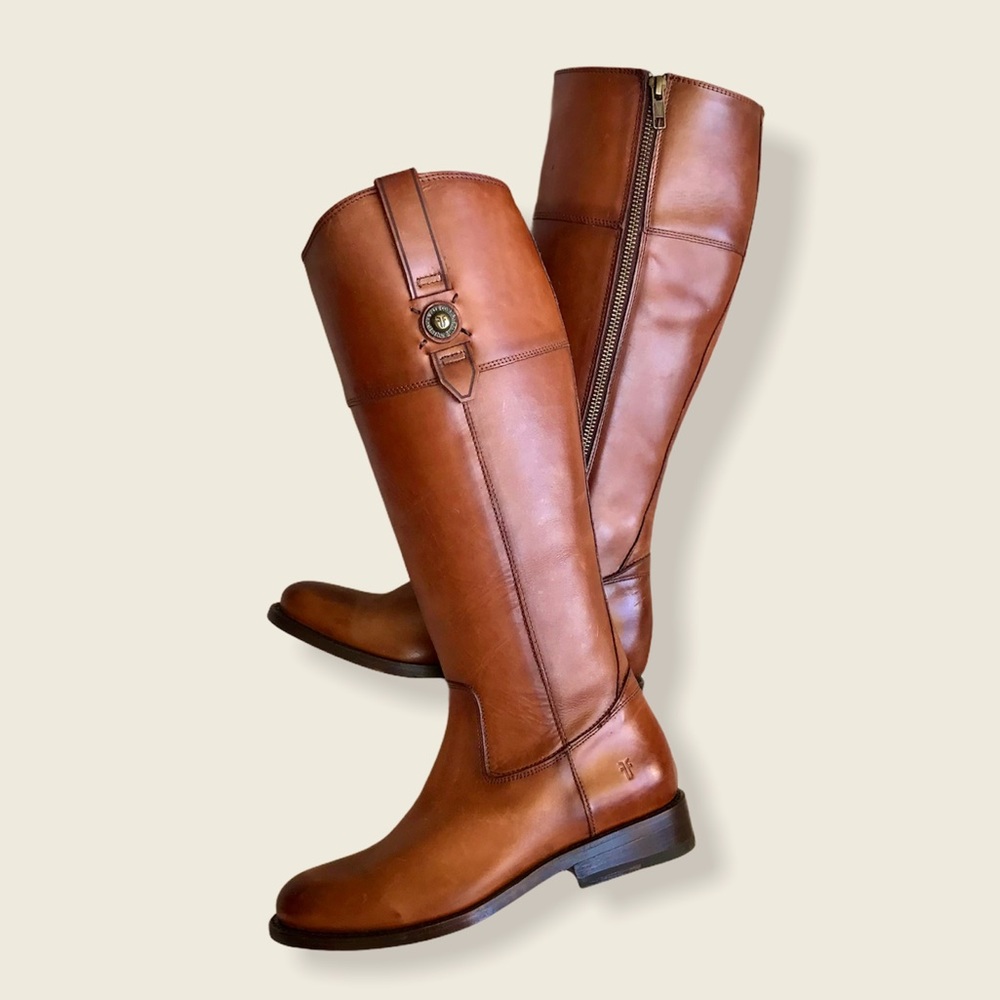 Frye Jayden Button Zip Up Cognac Brown Leather Equestrian Knee High Tall Boots - Picture 11 of 16